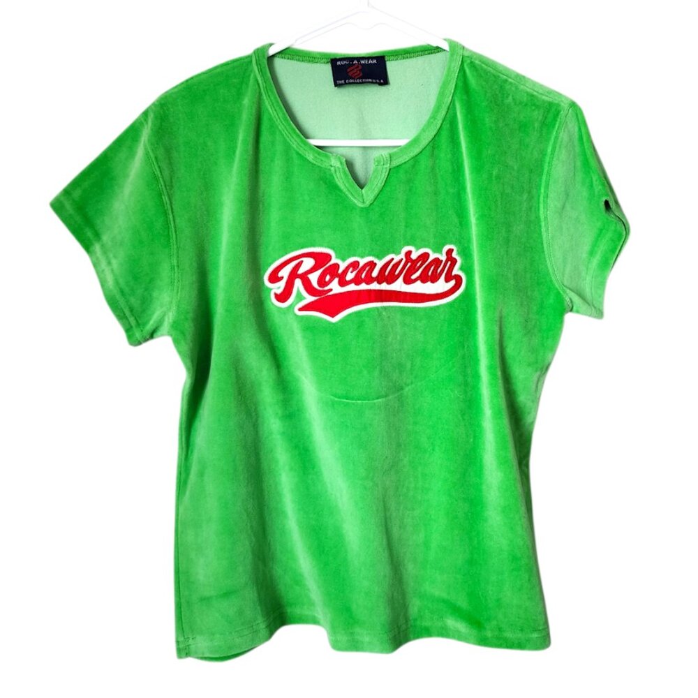 ROCAWEAR VINTAGE Y2k Velour short sleeve shirt in green /‎ red Logo spellout XXL